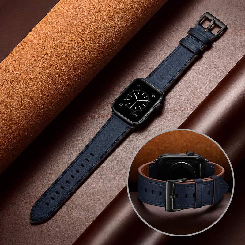OUHENG Leather Bands Compatible with Apple Watch Band 49mm/46mm/45mm/44mm/42mm, Genuine Leather Strap for iWatch Series 11/10/9/8/7/6/5/4/3/2/1 & Ultra 3/2/1 & SE3 SE2 SE, Dark Blue/Black - Image 5